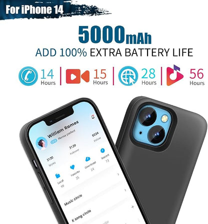 Battery Case for iPhone 14, 5000mAh Rechargeable Extended Battery Charging/Charger Case, Add 100% Extra Juice (6.1 Inches) Black