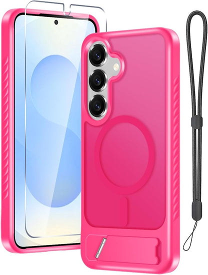 for Samsung Galaxy S25 Plus Case with Screen Protector+Lanyard Wrist Strap,Magnetic Translucent Matte Rugged Slim Phone Cover Built in Invisible Kickstand [Fit for MagSafe],2025 Hot Pink