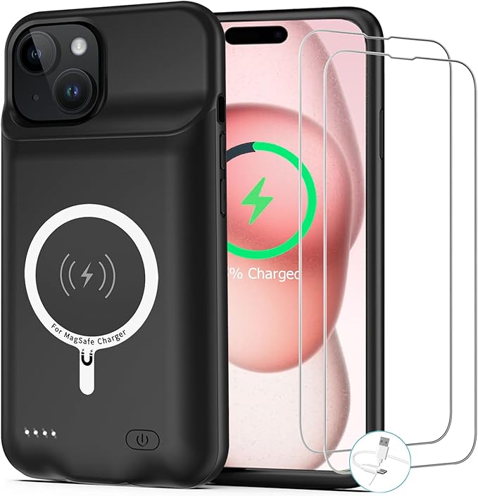 Battery Case for iPhone 15 Plus, [12000mAh] Enhanced Rechargeable Portable Qi Wireless Charger Case Battery Pack Support CarPlay Wireless Charging Case Compatible with iPhone 15 Plus (6.7 inch)-Black