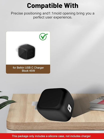 Silicone Protective Case for Belkin 45W USB C Charger Block, Full-Body Protective Cover with Precise Cutouts, Shockproof Dustproof Charging Protector Sleeve & Scratch-Resistant Sleeve (Black)