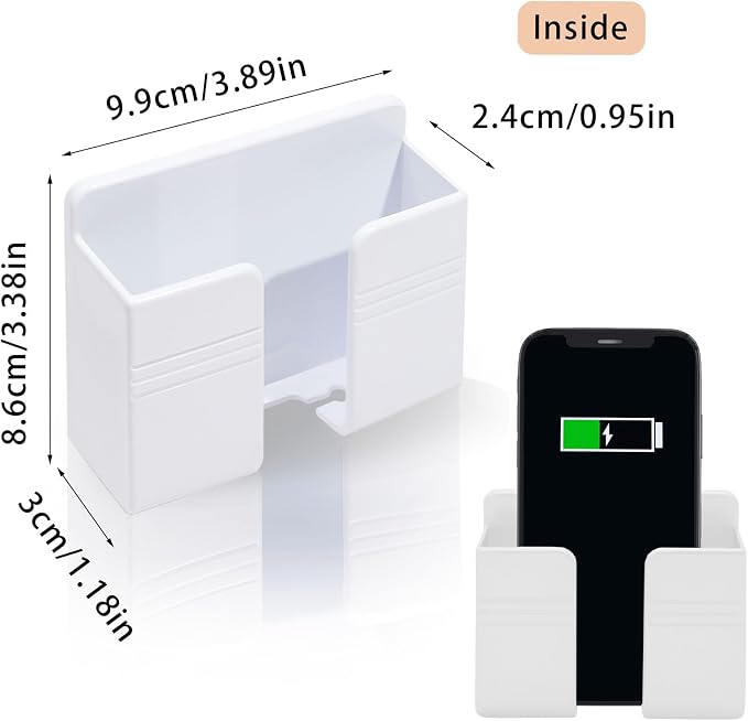 2 Pcs Wall Mount Phone Holder with 3M Adhesive Phone Stand with Data Cable Receiving Hole, Phone Charger Stand Remote Control Storage Box for Bedroom, Kitchen, Bathroom, Office (White)