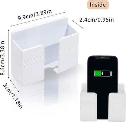2 Pcs Wall Mount Phone Holder with 3M Adhesive Phone Stand with Data Cable Receiving Hole, Phone Charger Stand Remote Control Storage Box for Bedroom, Kitchen, Bathroom, Office (White)
