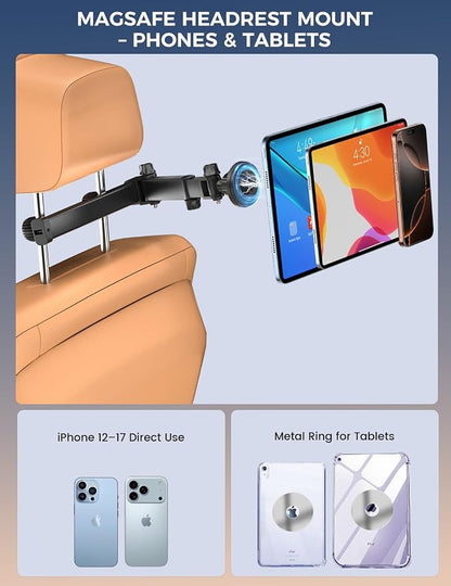 OHLPRO Magnetic Headrest Car Tablet Mount with Foldable Telescopic Arm for iPad Car Holder Back Seat Road Trip Essentials for Kids, Fit for Magsafe Phone iPad Galaxy Tab Tablet Kindle Surface Fire HD