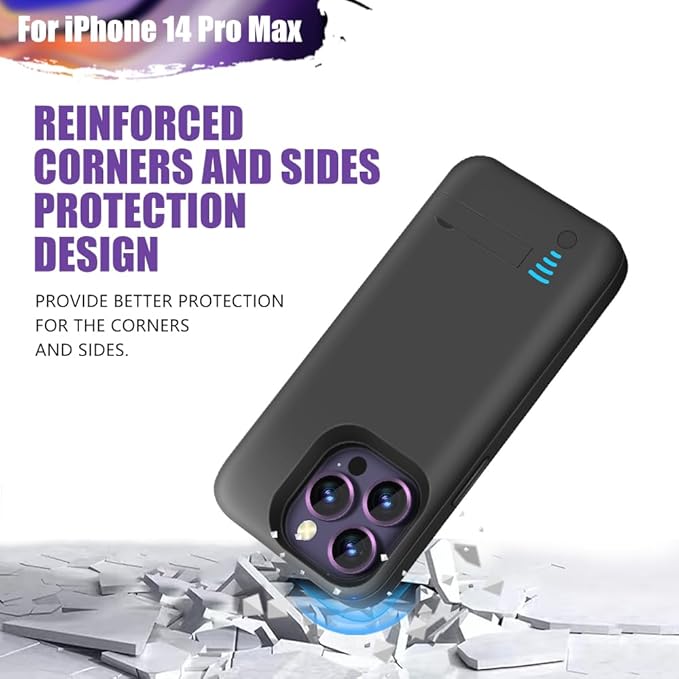 Battery Case for iPhone 14 Pro Max, 6000mAh Rechargeable Extended Battery Charging/Charger Case, Add 100% Extra Juice (6.7 Inches) Black