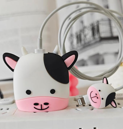 Compatible with Apple 20W/18W USB-C Adapter Charger, 3D Cartoon Protective Case for iPhone 20W USB-C Power Adapter Charger Fast Lightning Cover (Cute Cow)
