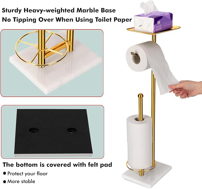 Toilet Paper Holder with Tray at The Top, Sturdy Marble Base No Wobby, Holding Extra 3 Toilet Paper Rolls As Spare Use, Freestanding No Drilling (Gold)
