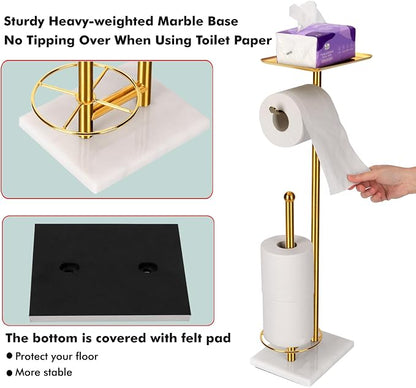 Toilet Paper Holder with Tray at The Top, Sturdy Marble Base No Wobby, Holding Extra 3 Toilet Paper Rolls As Spare Use, Freestanding No Drilling (Gold)