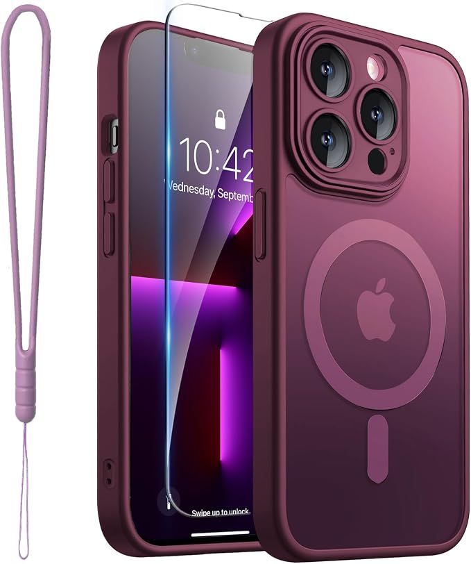 ROYBENS for iPhone 13 Pro Matte Clear Case Compatible with Magsafe, Full Camera Lens Protection, Screen Protector, Wrist Strap, Translucent Magnetic Slim Hard Protective Phone Cover, Wine-Red