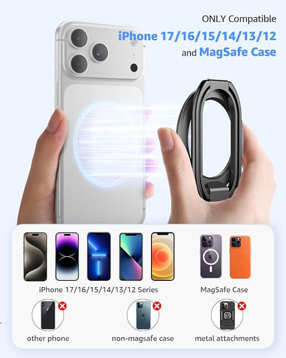 [2025 Upgraded] Mag Safe Phone Ring Holder, SUPERONE Adjustable Magnetic Kickstand & Removable Phone Grip Compatible with Wireless Charging Only for iPhone 17 &16 & 15 & 14 & 13 & 12 Series - Black