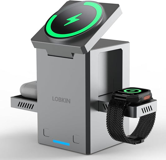 LOBKIN 3 in 1 Wireless Charging Station for Apple Multiple Devices, 15W Fast Foldable Magnetic Charger Stand for iPhone 16 15 14 13 12 Pro Max, Apple Watch Series 10/9/8/Ultra, AirPods - Silver