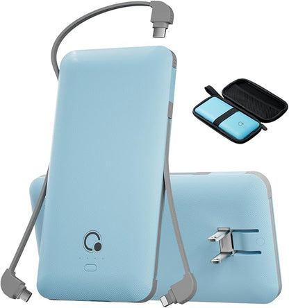 Q 10000mAh Power Bank, Slim Portable Charger,4 Output External Battery Pack with Built-in AC Wall Plug Micro USB C 3 Cables Compatible with iPhone Samsung Android Phone Tablet and More