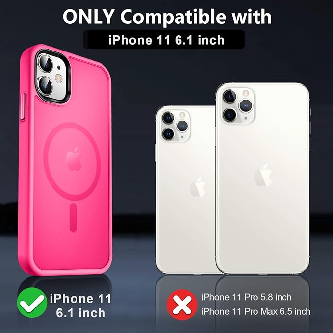 MOCCA Strong Magnetic for iPhone 11 Phone Case,[Compatible with Magsafe][Glass Screen Protector+Camera Lens Protector] Slim Thin Shockproof Cover Case for iPhone 11 6.1 inch, Hot Pink