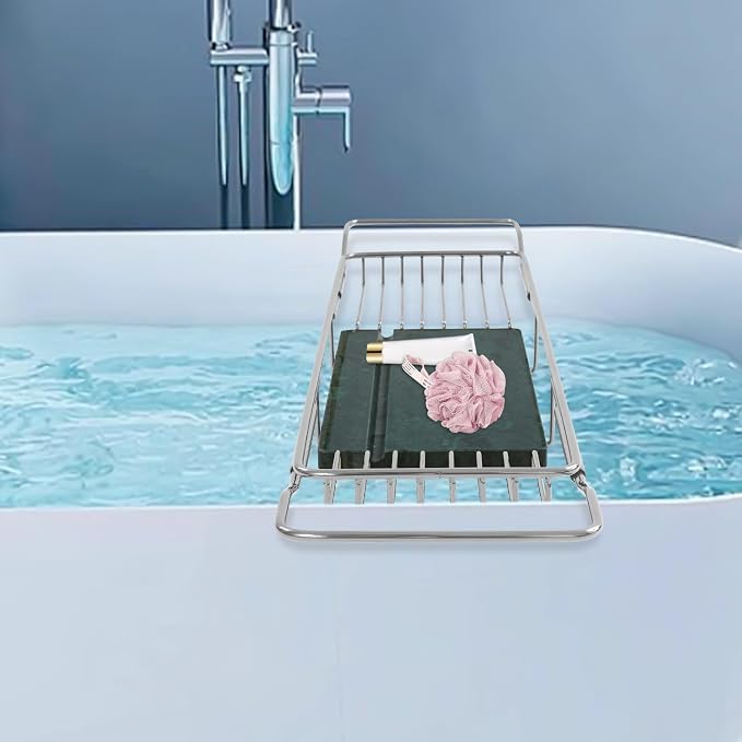 Expandable Bathtub Tray Caddy for Luxury Bath, Extra Wide Acrylic Tub Tray with Natural Marble Board, Waterproof Bath Tub Shelf for Phone, Wine, Book, Tablet Stand - Ideal Home Spa (Silver, Green)
