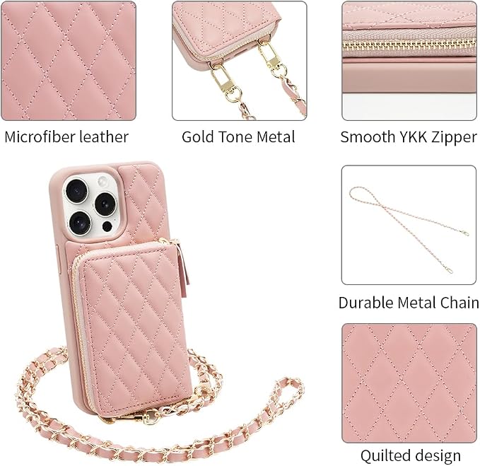 LAMEEKU for iPhone 15 Pro Max Case Wallet, Crossbody Wallet Case with Card Holder, Quilted Leather Case with Chain Strap, RFID Protectionn Cover for Women for iPhone 15 Pro Max 6.7" Pink