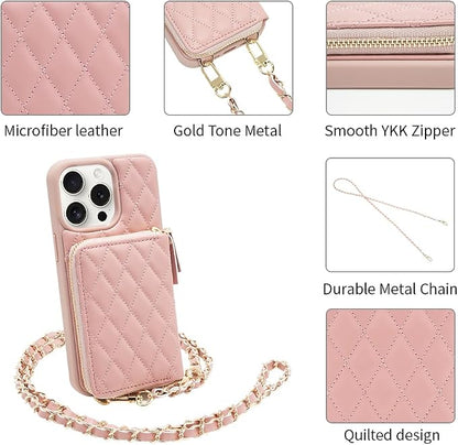 LAMEEKU for iPhone 15 Pro Max Case Wallet, Crossbody Wallet Case with Card Holder, Quilted Leather Case with Chain Strap, RFID Protectionn Cover for Women for iPhone 15 Pro Max 6.7" Pink