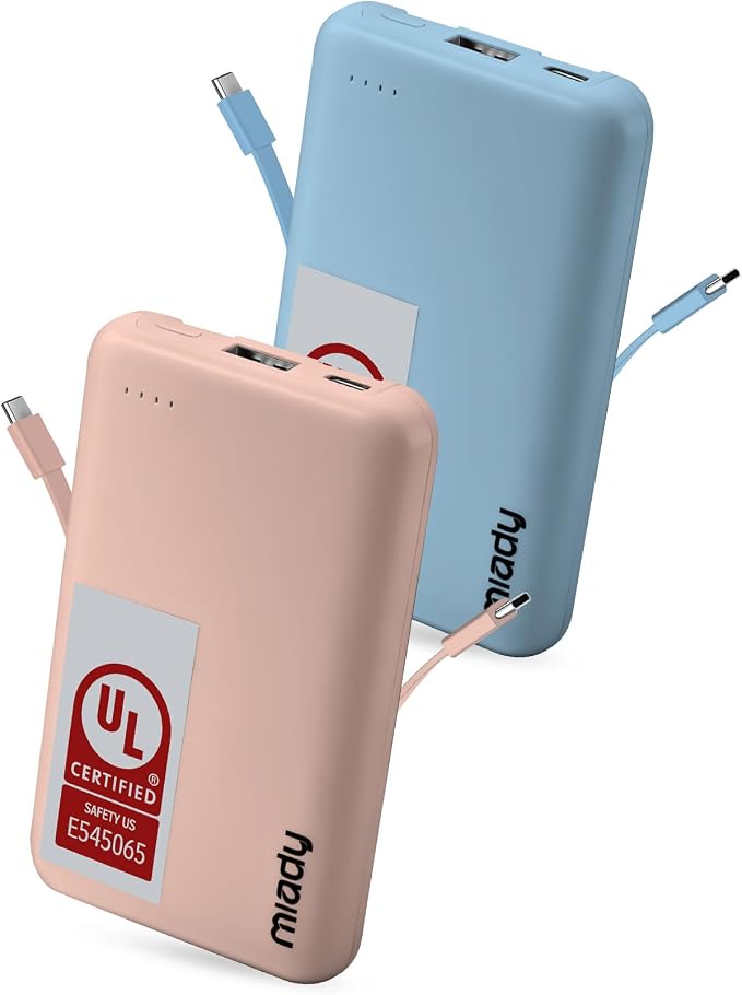 Miady UL Listed 2-Pack Small Portable Charger 5000mAh Power Bank for Travel | 18.5Wh丨Built-in 2 Cables丨3 Outputs 2 Inputs丨Compatible with iPhone Android etc丨Flight-Safe丨for Backpack Campingl丨Blue+Pink