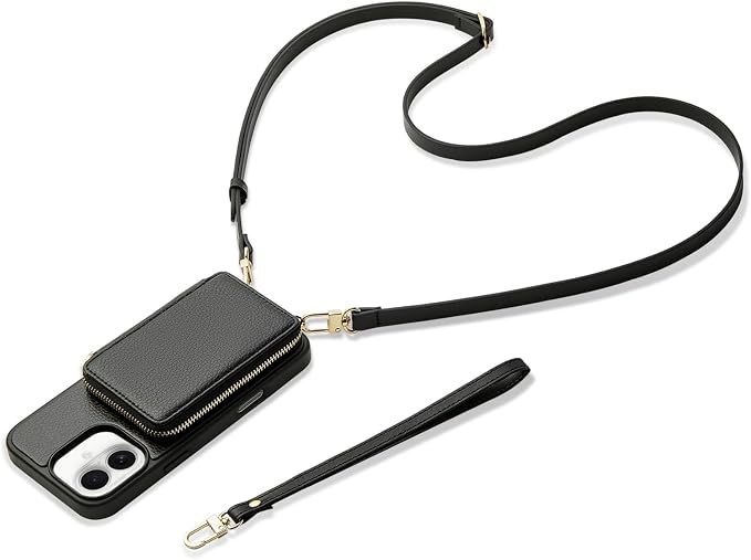 ZVE for iPhone 16 Plus Wallet Case, Zipper Crossbody Case with Credit Card Holder Zipper Wallet Case Wrist Strap for Women for iPhone 16 Plus 6.7" Black