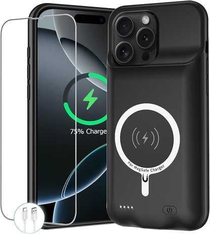 Battery Case for iPhone 16 Pro, 10000mAh Portable Protective Charging Case with Wireless Charging Compatible with iPhone 16 Pro (6.3 inch) Rechargeable Battery Pack Charger Case with Carplay (Black)
