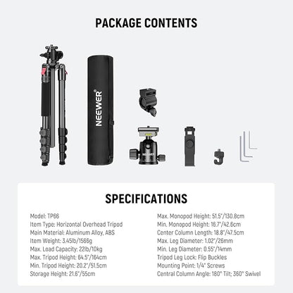 NEEWER Basics 64.5" Horizontal Overhead Tripod Monopod for Dual Camera Aluminum Travel DSLR Camcorder Stand with Cell Phone Holder Compatible with iPhone for Video Recording, 22lb/10kg Load, TP66
