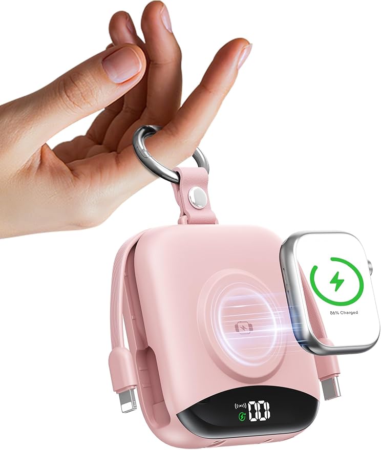 Portable Charger Power Bank, 10000mAh Fast Charging Power Bank with Built-in Cables, Travel Keychain Battery Pack with LED Display for iPhone Samsung Android iPad iWatch Charger 11/10/9/8/Ultra,Pink