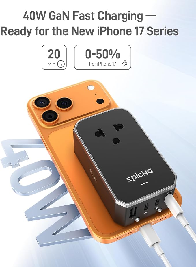 EPICKA Air 40W Universal Travel Adapter, PD Fast Charging International Power Adapter with 1 AC & 4 USB Ports, Worldwide Compact Travel Essentials for US/EU(Black, 1-Pack, Not a Voltage Converter)