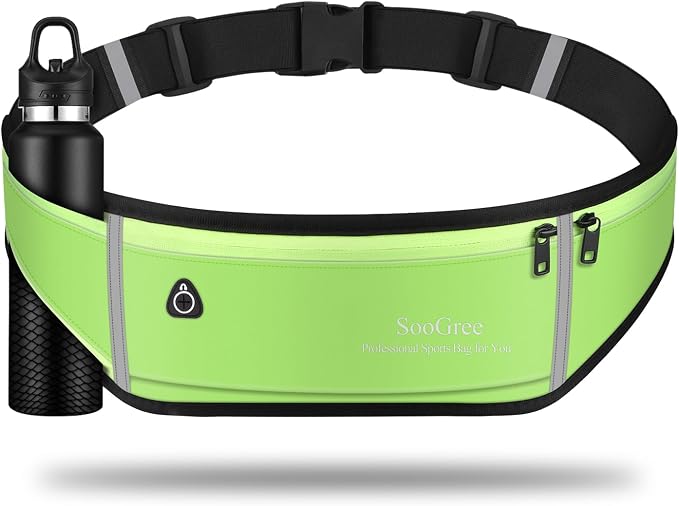 SooGree Men Women Running Belt Fanny Pack,Reflective Workout Sport Waist Pack Bag,Running Phone Holder Belt with Water Bottle Holder, Ideal for Running,Walking,Cycling,Gym Workouts (GSP1189-Green)