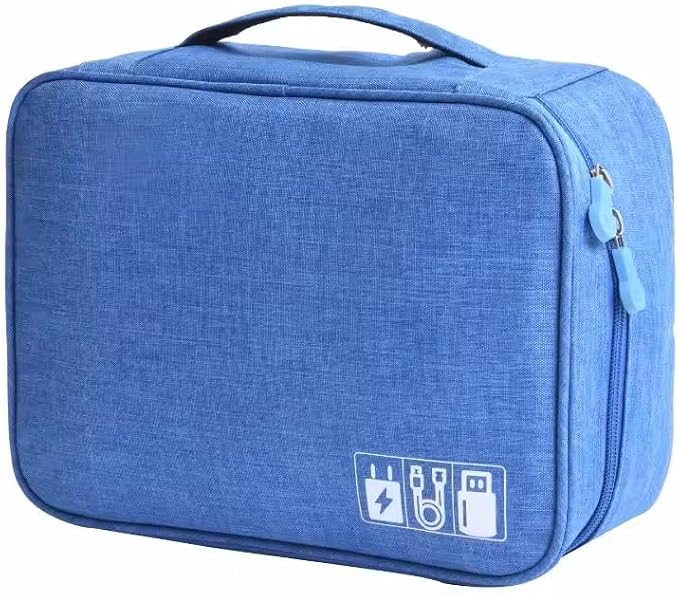 CARIGO Portable Electronics Organizer Bag, Double Layer Travel Gadget Organizer, Waterproof Digital Storage Case for Cables, Chargers, USB, SD Cards, Power Bank (Blue)