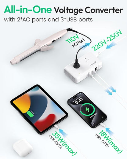 220V to 110V Converter, Universal Travel Adapter with 1 USB A & 2 USB C Ports Fast Charging, 2 AC Sockets and UK/AU/US/EU Worldwide Plug Adapter