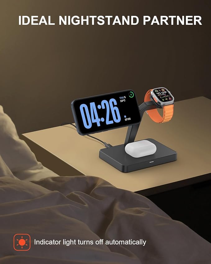 GEEKERA Magnetic 3 in 1 Wireless Charging Station, Fast Wireless Charger Stand Dock, Wireless Charger for iPhone 16/15/14/13/12 Pro Max, Apple Watch 10/9/8/7/6/SE/5/4/3/2, AirPods 4/3/2/Pro