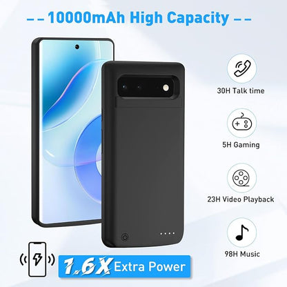 Battery Case for Google Pixel 6, Powerful 10,000mAh Portable Extended Charging Case with Kickstand, Rechargeable Backup Charger Cover for Pixel 6 5G (6.4")- Black