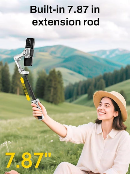 AOCHUAN Smart P2 Magnetic Gimbal Stabilizer for iPhone w/ 2-in-1 Fill Light & AI Tracking Sensor, Face Tracking No App Required, 3-Axis Phone Stabilizer w/Built-in Extension Rod, for Video Recording