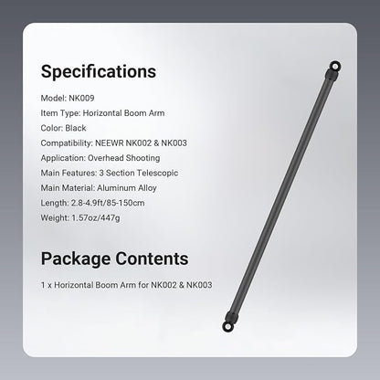 NEEWER 2.8-4.9ft Horizontal Boom Arm Only for NEEWER NK002 & NK003 Overhead Desk Camera Mount Rig Webcam Stand, Telescopic Crossarm for Phone Holder LED Light Video Recording Streaming, NK009