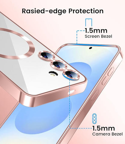 Slim Thin for Samsung Galaxy S25 Case 6.2'', Compatible with MagSafe, Built-in Camera Lens Protector, Shockproof Protective Phone Case, Soft Electroplated Clear Phone Cover, Rose Gold