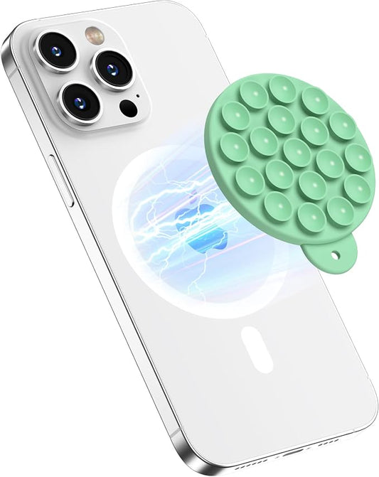 Magnetic Suction Cup Phone Mount, Compatible with MagSafe, Silicone Octo Cup Buddy Sticky Grip Holder for iPhone and Android, Removable Hands-Free Selfie/Video for TikTok, Spearmint Green