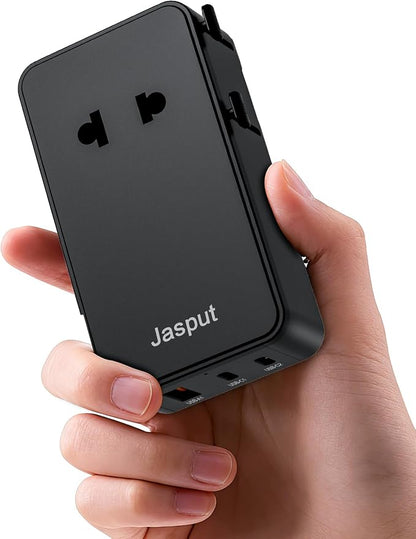 Jasput Universal Travel Adapter, 2026 Ultra-Slim Mini International Plug Adapter with 2 USB-C & 1 USB-A, PD 67W Fast Charging, 1 AC Outlet,Compatible with EU/UK/AU/Asia, Travel Essentials