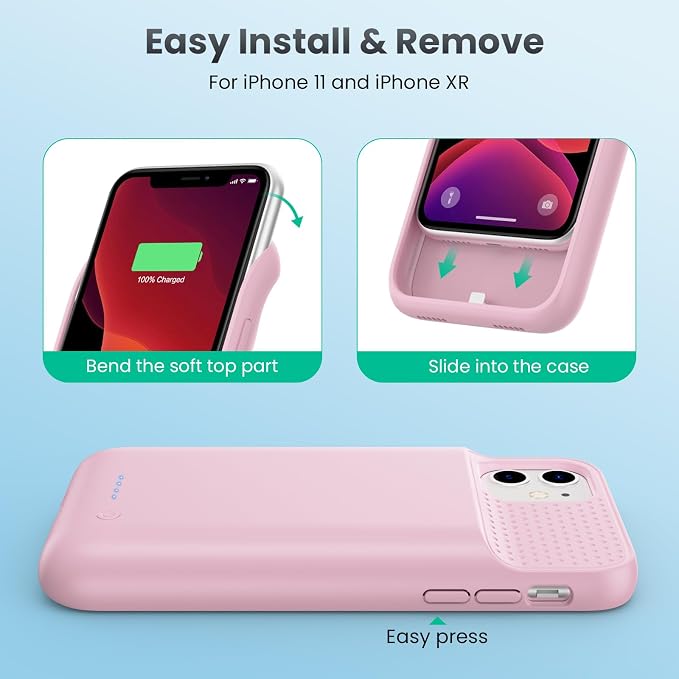 Feob Battery Case for iPhone 11/XR, [2026 Upgraded] 7500mAh Slim Portable Smart Charging Case Rechargeable Protective Extended Charging Cover for iPhone 11/XR-Pink