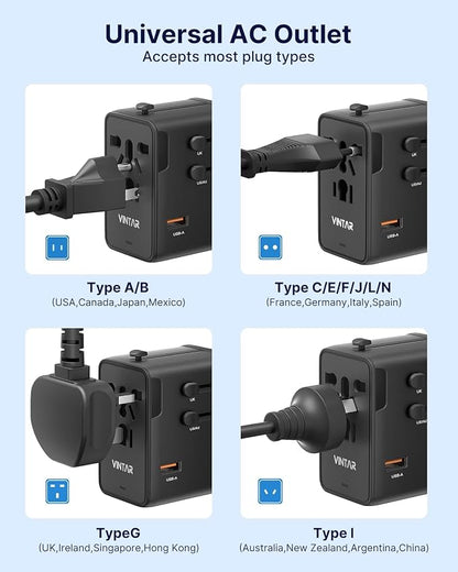 VINTAR 70W GaN Universal Travel Adapter, 5 in 1 with 3 USB-C PD& 1 USB-A QC | International Power Adapter, GaN Fast Charging with Compact Design, All-in-One Travel Essentials for UK/EU/US/AUS, Black