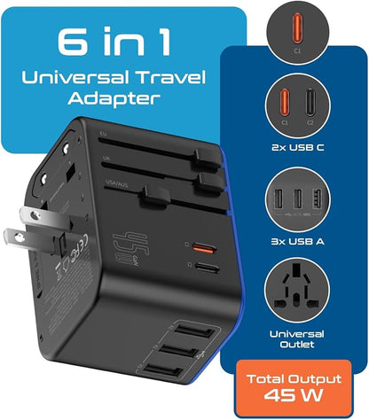 Ceptics 45W Universal Travel Adapter, International Travel Adapter with PD & QC 3.0 Dual USB-C, 3 USB-A World Travel Adapter, Type A, C, G, I Output for EU US UK – 2 Pack (UP-11KU-2PK) | 6 in 1 Universal Travel Adapter, Type A, C, G, I Plugs for Global...