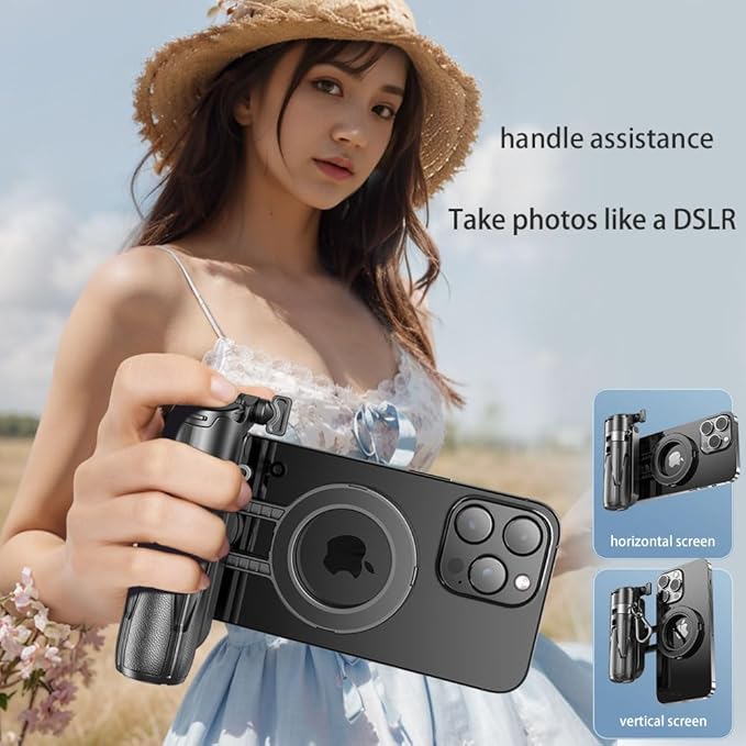 Magnetic Pocket Selfie Stick for iPhone, 4-in-1 Multifunctional Rotation Selfie Stick with Rechargeable Remote Control Compatible with iOS/Android for Live Streaming Outdoor Travel Shooting