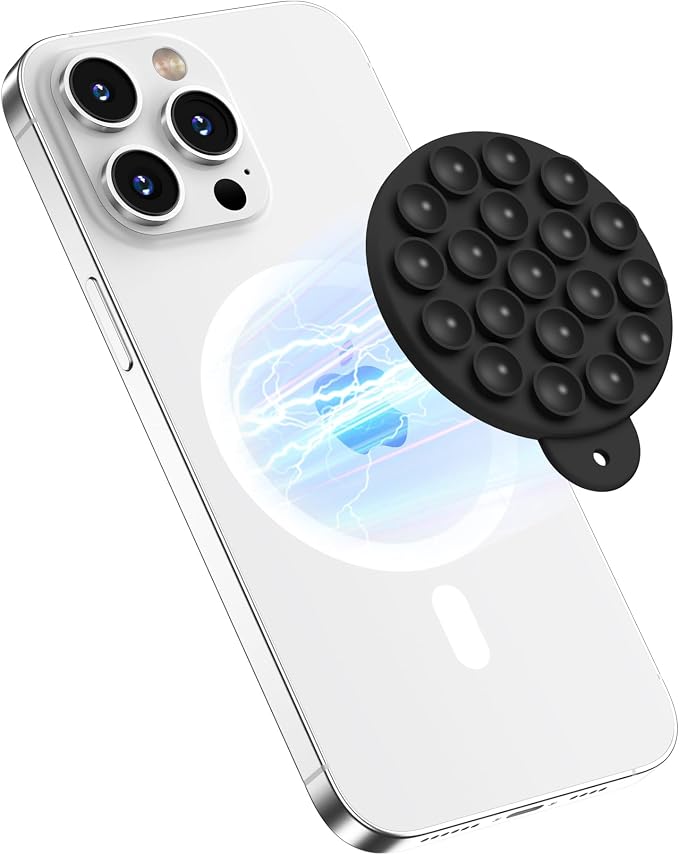 Magnetic Suction Cup Phone Mount with MagSafe, Silicone Hands-Free Grip Holder for iPhone Case and Android, Mirror Shower Phone Stand for Makeup FaceTime Gym Kitchen Bathroom, Black