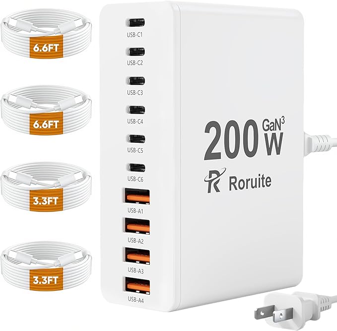 USB C Charging Station 10 Port with 4 Cables,200W GaN Type C Charger Block | Wall Charger Power Strip Adapter Plug for iPad iPhone17 16 15 14 13 12 Pro Max Pixel Note Galaxy White