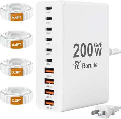USB C Charging Station 10 Port with 4 Cables,200W GaN Type C Charger Block | Wall Charger Power Strip Adapter Plug for iPad iPhone17 16 15 14 13 12 Pro Max Pixel Note Galaxy White