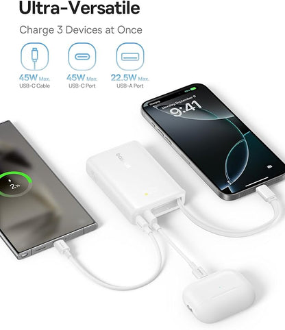 Baseus 20000mAh Compact Portable Charger 45W, CCC Certified Power Bank Built-in USB-C Cables, Travel Essential PD Fast Charging Battery Pack for iPhone 17/16 Series Galaxy S25/S24 Ultra Google iPad
