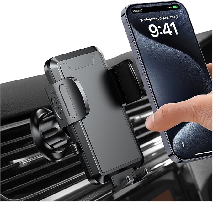 Car Phone Holder Mount, 360° Rotation Adjustable Vehicle Phone Stand with Metal Hook Clip, Auto Cellphone Holder Mount for Air Dashboard Windshield Vent, Universal for SUV RV Truck (Black)