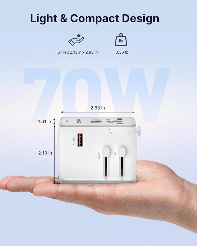 VINTAR 70W GaN Universal Travel Adapter, 5 in 1 with 3 USB-C PD& 1 USB-A QC | International Power Adapter with 70W GaN Fast Charging, All-in-one for EU UK USA AUS, Worldwide Travel Essentials, White