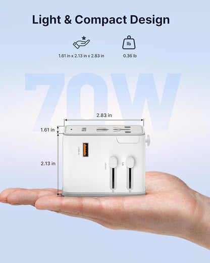VINTAR 70W GaN Universal Travel Adapter, 5 in 1 with 3 USB-C PD& 1 USB-A QC | International Power Adapter with 70W GaN Fast Charging, All-in-one for EU UK USA AUS, Worldwide Travel Essentials, White