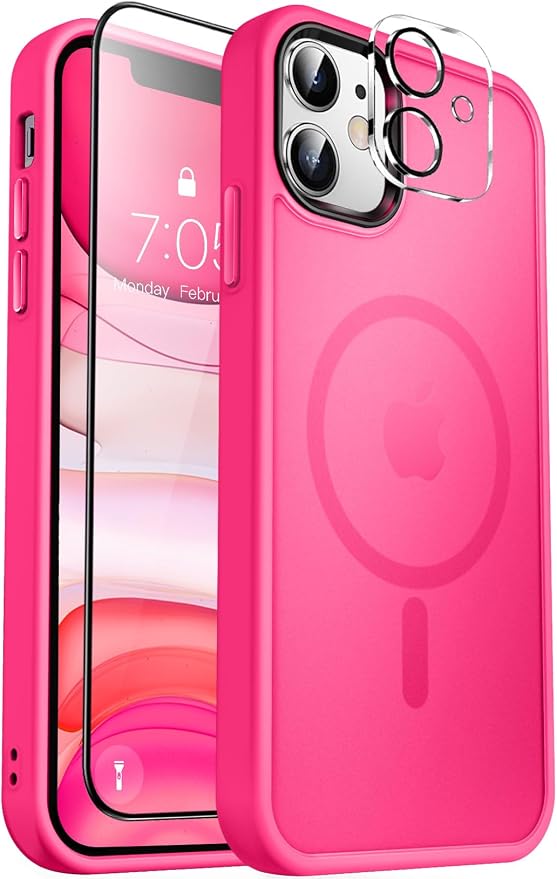 MOCCA Strong Magnetic for iPhone 11 Phone Case,[Compatible with Magsafe][Glass Screen Protector+Camera Lens Protector] Slim Thin Shockproof Cover Case for iPhone 11 6.1 inch, Hot Pink