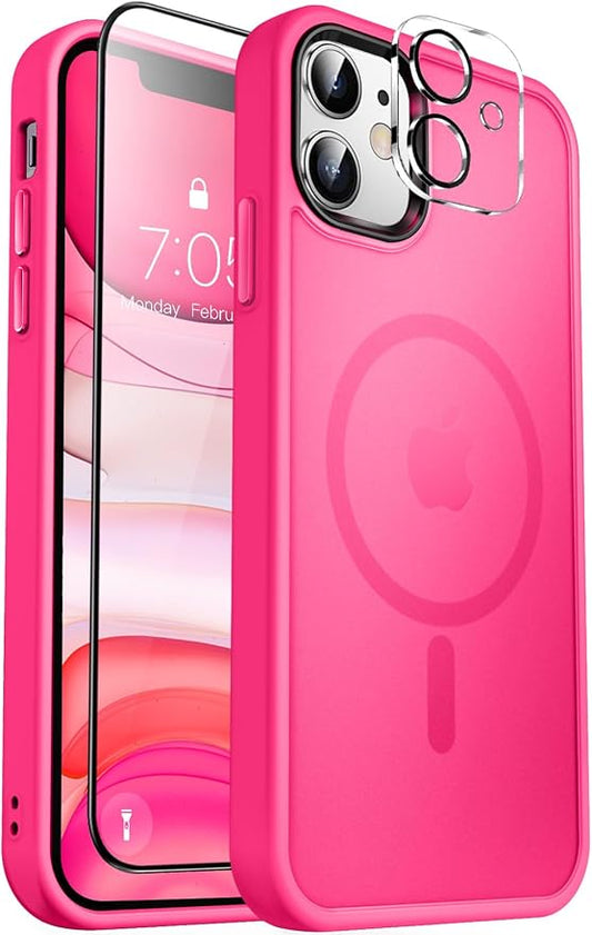MOCCA Strong Magnetic for iPhone 11 Phone Case,[Compatible with Magsafe][Glass Screen Protector+Camera Lens Protector] Slim Thin Shockproof Cover Case for iPhone 11 6.1 inch, Hot Pink