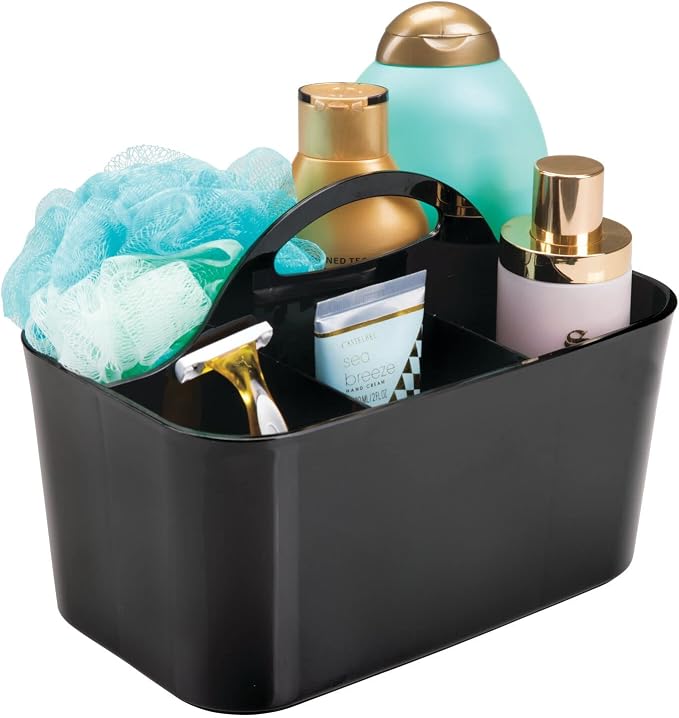 mDesign Small Plastic Shower/Bath Storage Organizer Caddy Tote with Handle for Dorm, Shelf, Cabinet - Hold Soap, Shampoo, Conditioner, Combs, Brushes, Lumiere Collection, Black