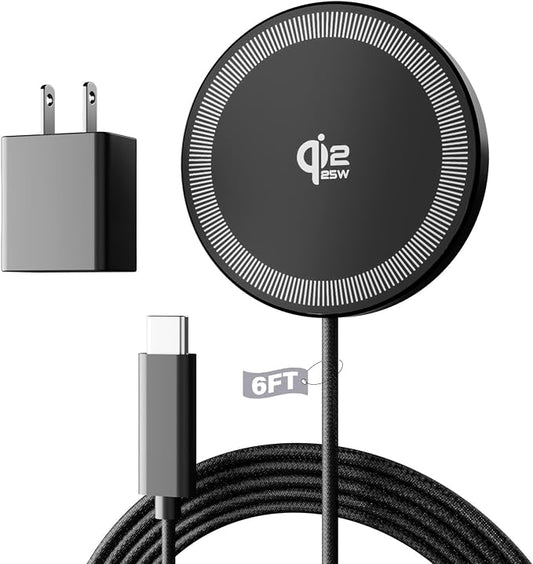 25W Magnetic Wireless Charger, 6FT Fast Charging Pad Qi2.2 Wireless Charge for iPhone 17 16 /AirPods3/2/Pro/for Galaxy S26 Ultra/Pixel 10 Series, Portable Charger for Desk& Travel(1Pack,Black)